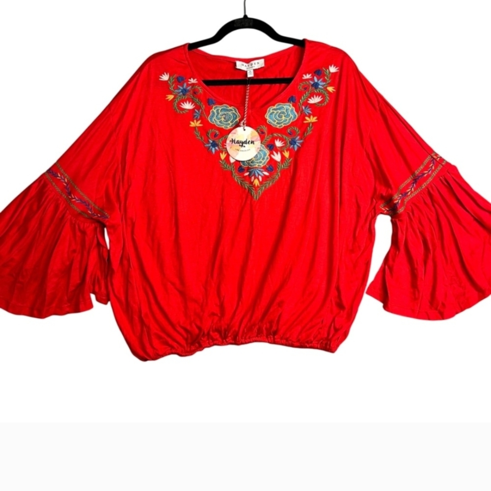 Hayden NWT Red Embroidered Boho Blouse Bell Sleeve Festival Top
